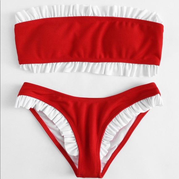 Other - 🆕Red & white bandeau ruffle trim bikini swim